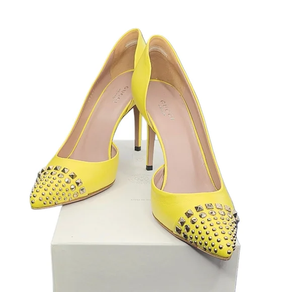GUCCI Studded Captoe D'Orsay Pumps In Soft Yellow Leather - Picture 12 of 12